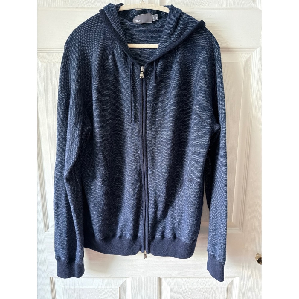 Vince Zip Hoodie Mens XXL Navy Wool Cashmere Textured Knit Luxury Casual